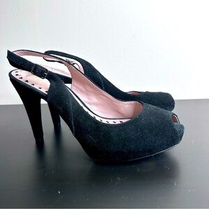 Libby Edelman Gemma Black  Suede Slingback Peep Toe Heel 3.5" Size 8.5